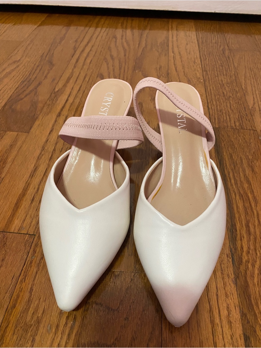 White Pointed Toe Slingback Flats with Pink Strap Size European 36